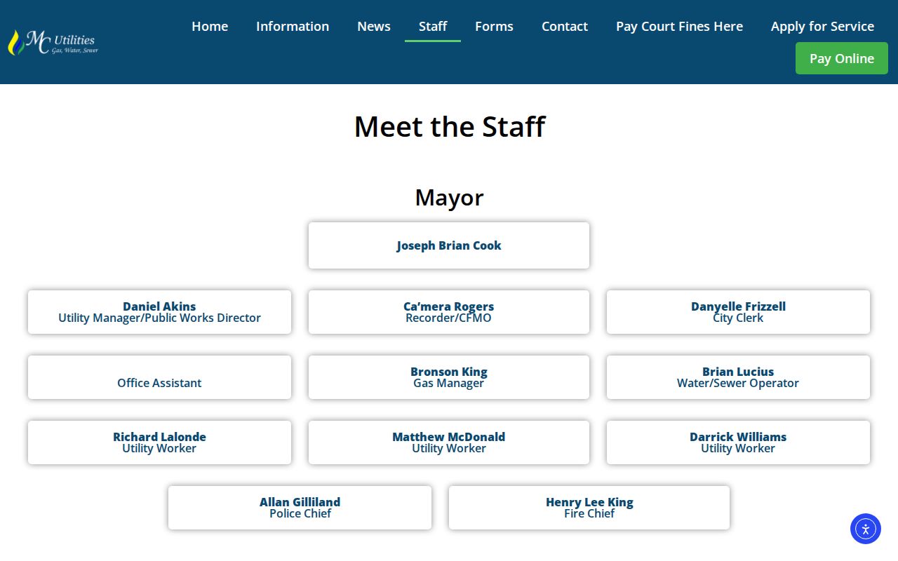 Maury City warrant records, town staff directory