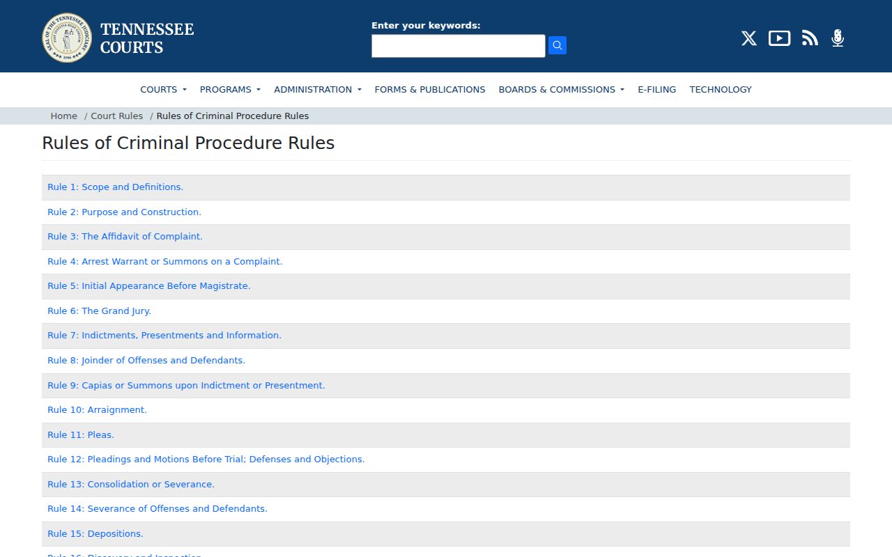 Crockett County bench warrant lookup, Tennessee Rules of Criminal Procedure index