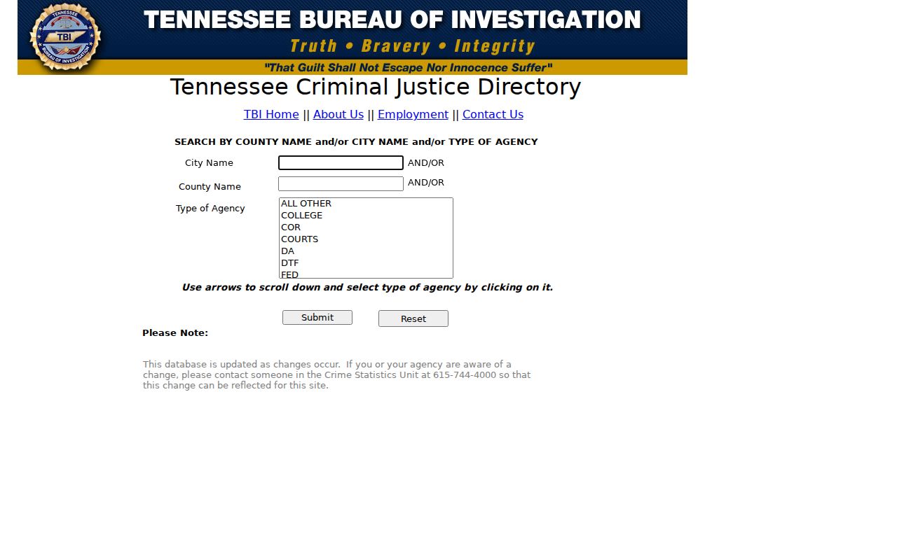 Crockett County warrant search, TBI agency directory interface